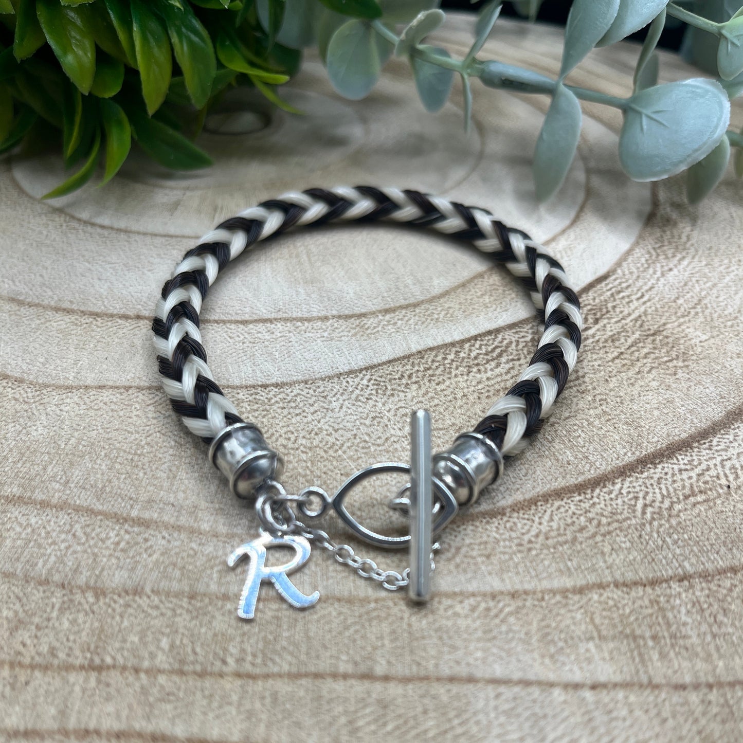 Oval clasp horsehair bracelet handcrafted from tail hair and initial charm