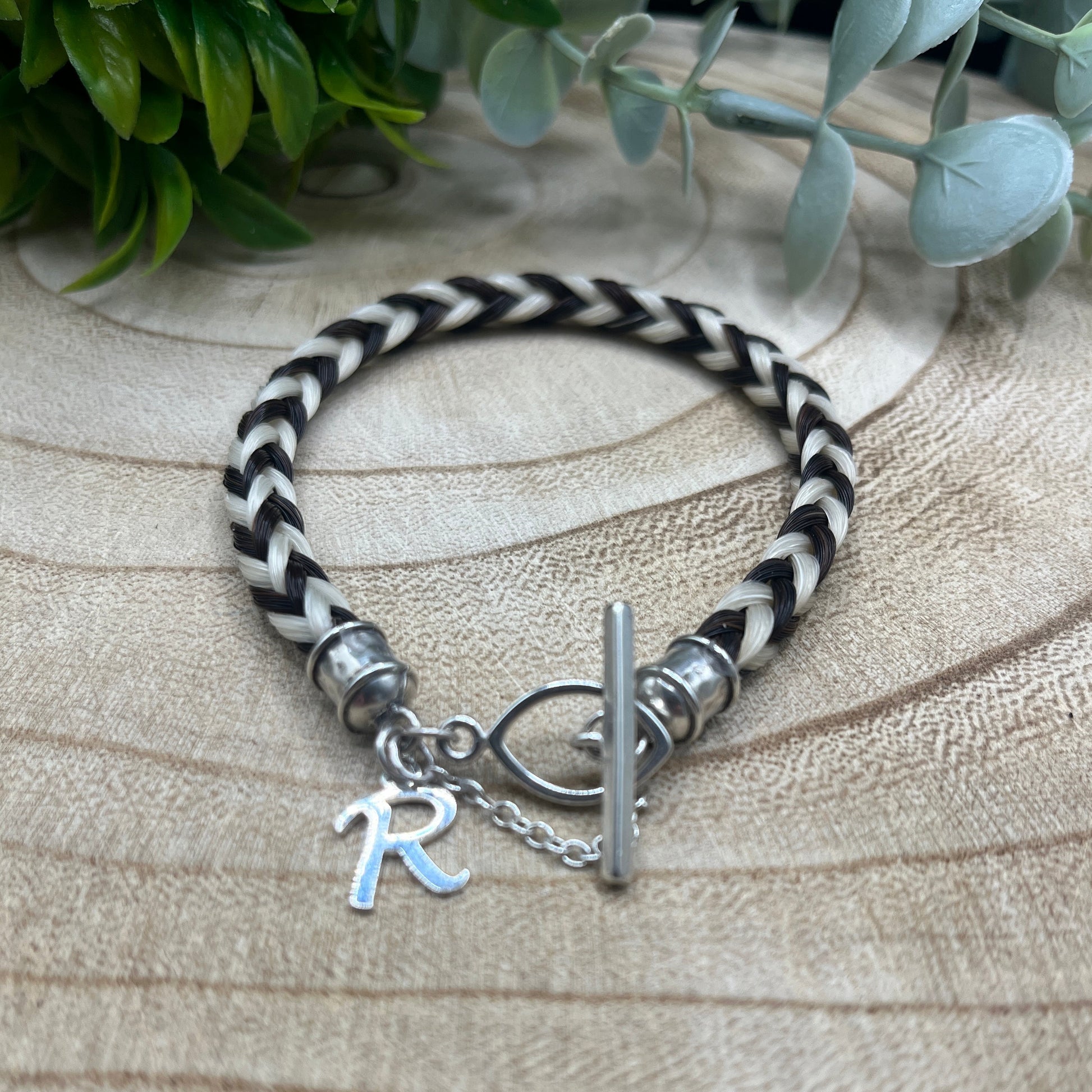 Oval clasp horsehair bracelet handcrafted from tail hair and initial charm