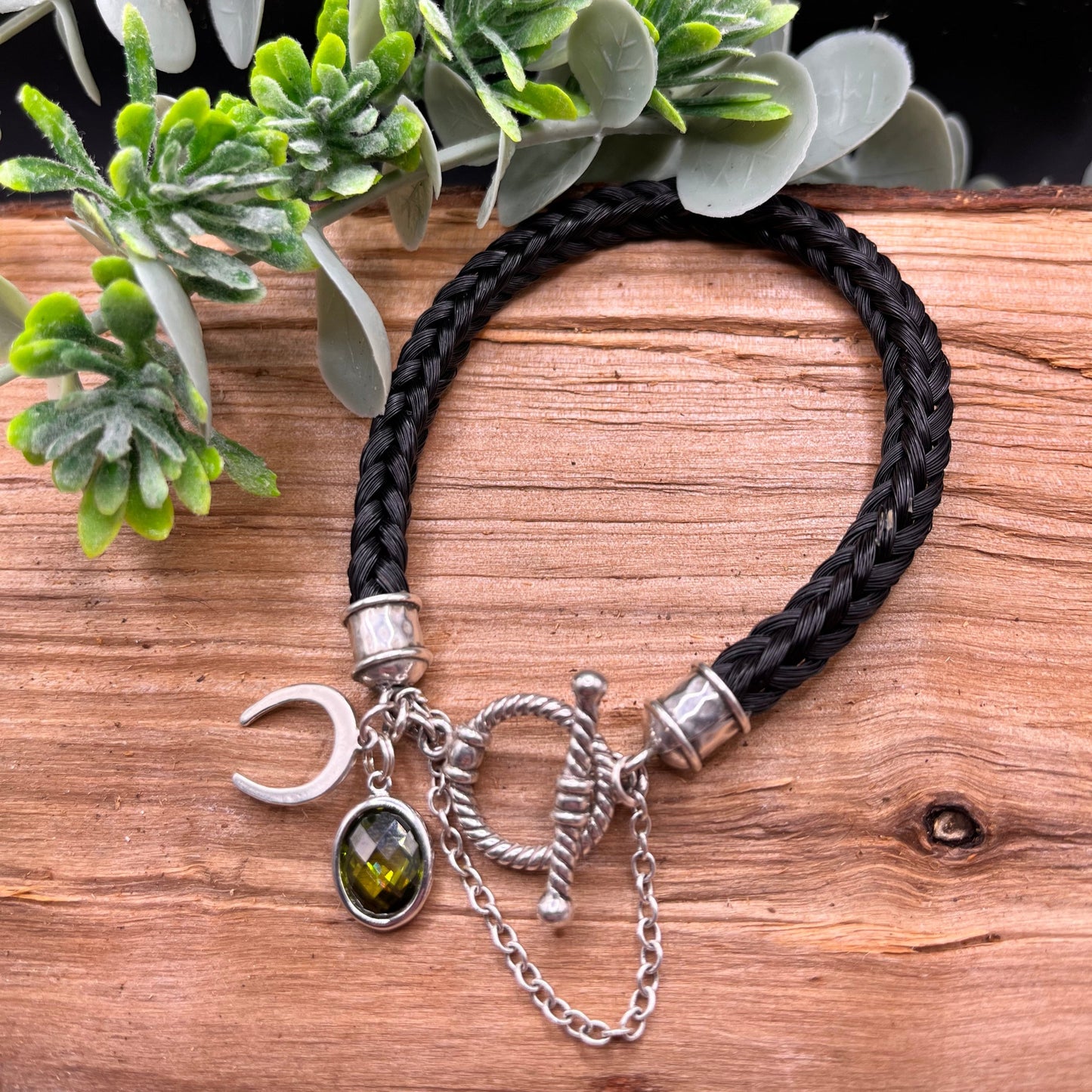 Twisted ring clasp braided bracelet made with your horse’s tail hair with stone charm