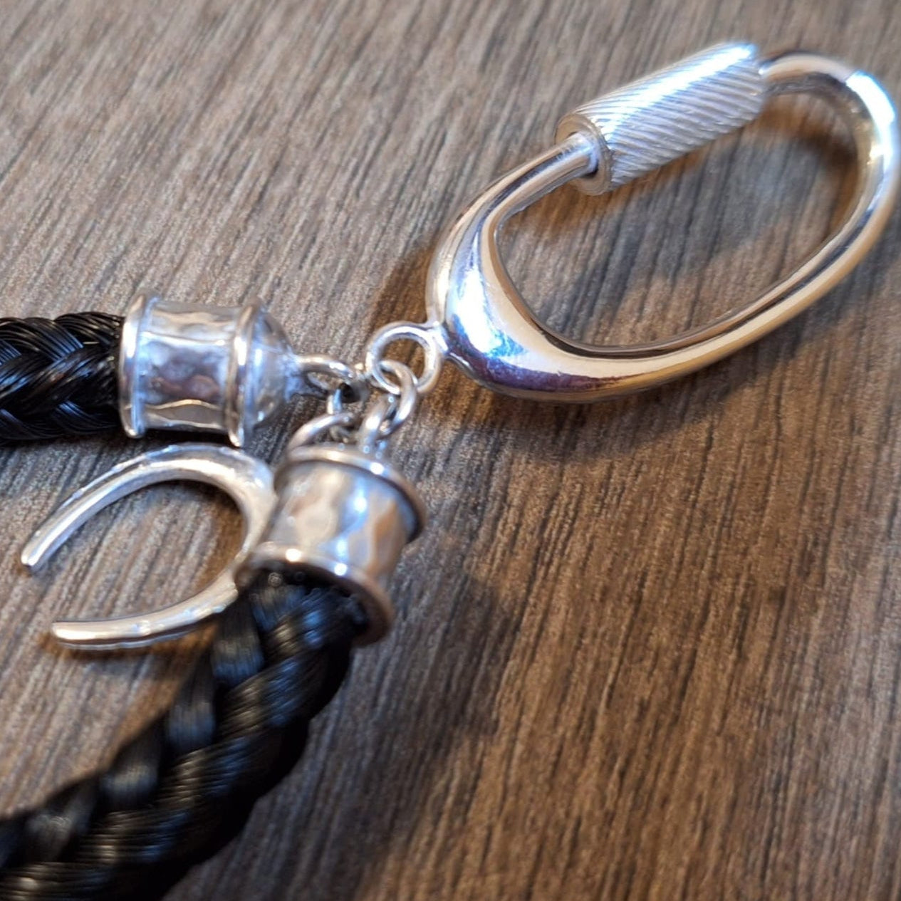 Braided horsehair keychain with sterling silver end caps and clasp