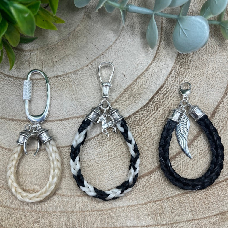 Braided horsehair keychain with sterling silver end caps and clasp