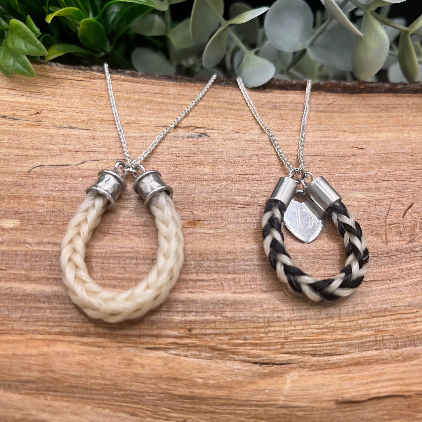 Close-up of sterling silver clasp and braid detail in horsehair necklace